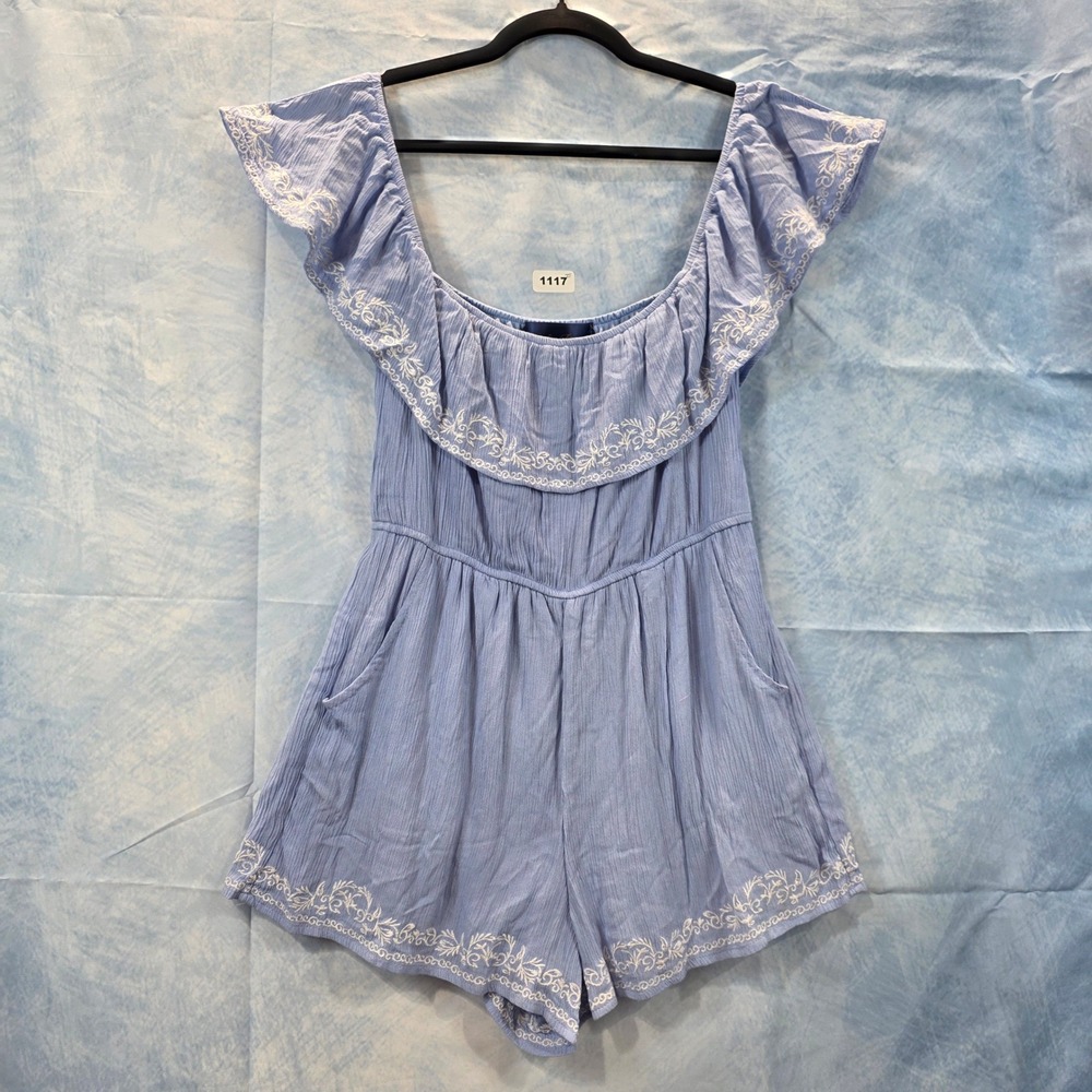 Blue Rain Women Light Blue Embroidered Ruffle Off Shoulder Romper Size M Pockets